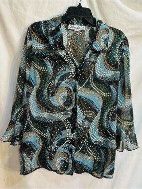 Gloria Vance Blue & Green Swirl with Sparkles on a Button-Front Blouse